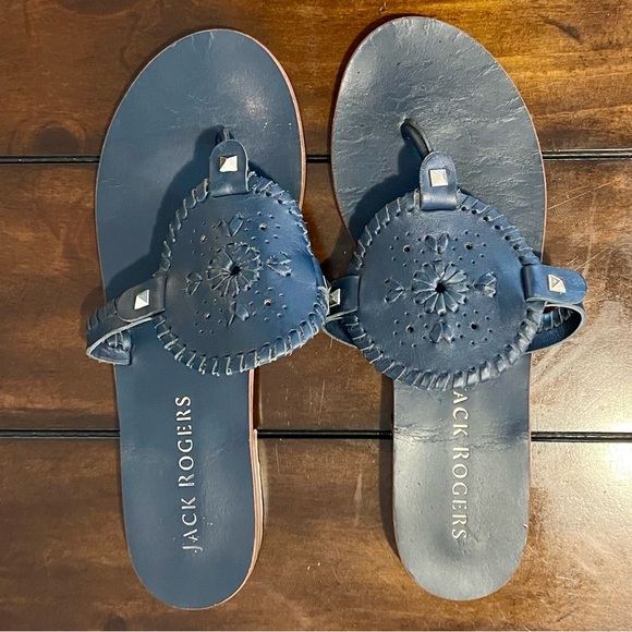 Jack Rogers Shoes - Jack Rogers Georgica Leather Flat Sandals - Midnight Navy Blue- Size 9